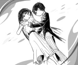  1girl black_hair brother_and_sister commentary_request dancing dress mari_(omori) nnnansy181272 omori open_mouth siblings smile sunny_(omori) tuxedo waltz_(dance) 