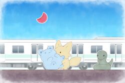  3girls absurdres animal animal_focus animal_with_hair animalization bang_dream! bang_dream!_yumemita bear blue_sky commentary_request fennec_fox fox highres kamen_rider kamen_rider_zeztz_(series) large_ears minetsuki_ritsu moon multiple_girls multiple_unit_train nakamachi_arale red_moon scene_reference sky snake somechime_(sometime1209) train undersized_animal viola_(bang_dream!) 