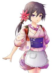  1girl :o absurdres akebono_(kancolle) akebono_(new_year)_(kancolle) apron bell black_hair collarbone commentary_request cowboy_shot english_commentary flat_chest floral_print floral_print_kimono flower flower_request hair_bell hair_flower hair_ornament highres japanese_clothes jingle_bell kantai_collection kimono long_hair mixed-language_commentary open_mouth pink_flower pink_kimono print_kimono purple_sash sash short_kimono sidelocks simple_background solo three-quarter_sleeves v-shaped_eyebrows violet_eyes waist_apron white_apron white_background wrightia 