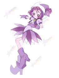 1girl boots bracelet closed_mouth commentary cropped_jacket dress earrings full_body gloves hat high_heel_boots high_heels highres index_finger_raised jacket jewelry knee_up lace-up_boots looking_at_viewer magical_girl mashiro ojamajo_doremi one_side_up open_clothes open_jacket outstretched_arm pointy_boots puffy_short_sleeves puffy_sleeves purple_boots purple_dress purple_gloves purple_hair purple_hat purple_jacket raised_eyebrows ring segawa_onpu short_dress short_hair short_sleeves smile solo sphere_earrings twitter_username untranslatable_commentary violet_eyes white_background witch witch_hat 