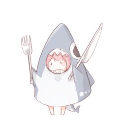  1girl animal_costume barefoot black_eyes blush_stickers chibi chinese_commentary collared_shirt commentary_request diamond_(gemstone) fake_tail fins fish_tail fork frilled_shirt_collar frills high_collar holding holding_fork holding_knife hungry interruption_(echo-023) knife long_hair looking_at_viewer mascot_costume nikki_(nikki) nikki_(series) no_mouth oversized_object pink_hair shark_costume shark_tail shining_nikki shirt simple_background solid_oval_eyes solo star_(symbol) tail white_background white_shirt 