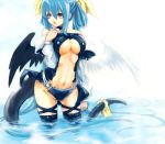  blue_hair bow breasts choker dizzy feathers guilty_gear hair_bow long_hair midriff navel notequal ribbon tail thigh-highs thighhighs twintails under_boob underboob water wings 