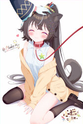  1girl 1other ^_^ absurdly_long_hair absurdres animal_collar animal_ears blush bottomless breasts brown_hair brown_shoes brown_socks candle_hair_ornament cardigan chinese_commentary closed_eyes closed_mouth collar commentary_request dog_ears dog_girl dog_tail fang gloves grey_streaks hair_ornament hair_sprinkles happy headpat heart highres kneehighs leash loafers long_hair long_sleeves multicolored_hair ohako_miyu open_cardigan open_clothes original pocky_hair_ornament ponytail red_collar shirt shoes simple_background sitting skin_fang sleeveless sleeveless_shirt small_breasts smile socks sprinkles streaked_hair tail thighs very_long_hair wariza white_background white_gloves yellow_cardigan 