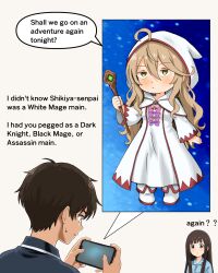  1boy 2girls adapted_costume ahoge black_hair blonde_hair boots bow bowtie brown_eyes cellphone commentary dress english_commentary english_text hair_between_eyes hat highres holding holding_phone holding_staff iv_(gwps8853) long_hair_between_eyes mage_staff make_heroine_ga_oo_sugiru! multiple_girls nukumizu_kaju nukumizu_kazuhiko phone pink_bow pink_bowtie purple_bow purple_bowtie shikiya_yumeko smartphone speech_bubble staff white_boots white_dress white_hat yellow_eyes 