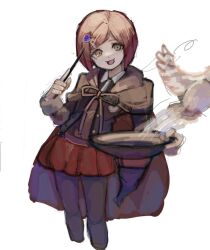  1girl :d bird black_shirt collared_shirt danganronpa_(series) danganronpa_v3:_killing_harmony dove gem_hair_ornament hair_ornament hat highres jacket long_sleeves miniskirt open_mouth pantyhose red_hair red_skirt shirt short_hair simple_background skirt smile two-tone_shirt white_shirt witch_hat yora_(srhcguy) yumeno_himiko 