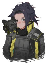  1girl animal_ears arknights black_gloves black_hair black_hairband black_jacket black_shirt blue_hair blush brown_eyes cat_ears cat_mask closed_mouth commentary_request cropped_torso forehead frown gloves grey_jacket hairband high_ponytail highres holding holding_mask jacket jessica_(arknights) long_sleeves looking_at_viewer mask multicolored_hair official_alternate_costume open_clothes open_jacket ponytail sad shirt simple_background sola0316 solo tearing_up tears unworn_mask upper_body white_background 