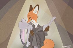  1boy 1girl animal_ears animal_feet animal_nose artist_name barefoot black_dress black_jacket body_fur breasts brown_fur closed_eyes closed_mouth collared_shirt commentary_request dancing dress formal_clothes fox_boy fox_ears fox_tail from_side furry furry_female furry_male furry_with_furry green_eyes grey_fur half-closed_eyes happy hetero holding_another's_leg jacket judy_hopps leg_up long_sleeves looking_at_another meme_(penpengusa_no_meme) multicolored_fur nick_wilde orange_fur partial_commentary profile rabbit_ears rabbit_girl shirt signature small_breasts smile snout spotlight standing standing_on_one_leg strapless strapless_dress suit tail two-tone_fur u_u white_fur white_shirt zootopia 