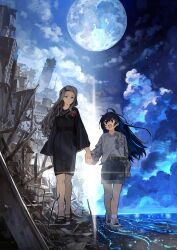  2girls :d absurdres belt belt_buckle black_belt black_dress black_eyes black_shoes blue_eyes blue_hair blue_shorts blue_sky buckle building character_request city closed_mouth clouds cloudy_sky commentary_request copyright_request corsage denim denim_shorts dress fang floating_hair flower full_moon grey_hair grey_sweater highres holding_hands horizon jewelry jimini_shijimi long_hair long_sleeves mary_janes moon multiple_girls necklace night ocean official_art open_mouth outdoors post-apocalypse red_flower red_rose rose rubble ruins second-party_source shirt shoes shorts sky skyscraper sleeves_past_fingers sleeves_past_wrists smile sneakers socks split_theme star_(sky) sweater walking waves white_shirt white_socks 