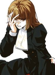  2girls ako_(eanaaati1) ascot black_dress brown_eyes brown_hair commentary_request crying crying_with_eyes_open despair dress hand_on_own_face highres long_sleeves looking_down mother_and_child multiple_girls parent_and_child tears umineko_no_naku_koro_ni ushiromiya_maria ushiromiya_rosa white_ascot white_background 
