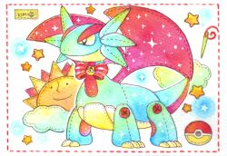  black_eyes buttons claws closed_mouth clouds commentary_request full_body greenaokimi highres needle no_humans nostrils painting_(medium) pokemon pokemon_(creature) salamence sewing_needle signature solo sparkle star_(symbol) traditional_media watercolor_(medium) 