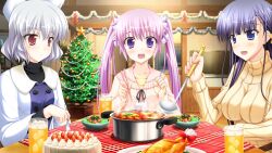  3girls black_ribbon black_shirt blue_eyes blue_hair bow breasts buttons cake cardigan chair chicken_(food) chopsticks christmas christmas_tree cooking_pot double-breasted dress eliska_mandula food fork game_asset grey_hair hair_bow highres hisanaga_kuon holding holding_chopsticks holding_fork holding_ladle indoors juice kirishima_saki_(konakana) konakana_2:_konata_yori_kanata_made_ii ladle large_breasts long_hair long_sleeves looking_at_food minase_(dragon_panda) mole mole_under_eye multiple_girls night non-web_source on_chair open_mouth pink_cardigan pink_hair plant potted_plant red_eyes ribbon salad self-datamine shirt short_hair sitting sweater table television turtleneck twintails two-tone_dress violet_eyes window yellow_shirt yellow_sweater 