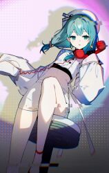  1girl alternate_costume alternate_hairstyle aqua_eyes aqua_hair beret blue_eyes blue_hair commentary_request crop_top earrings glitch hat hatsune_miku highres holding holding_phone jewelry long_sleeves medium_hair navel open_mouth phone pure_(cookieby) shadow shorts sitting solo twintails vocaloid white_hat white_shorts wire wonder_(vocaloid) 