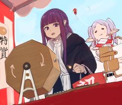  1boy 2girls :3 =_= bag black_coat coat commentary day dress elf fern_(sousou_no_frieren) flying frieren higemu highres holding holding_bag long_hair long_sleeves lottery multiple_girls open_mouth outdoors pointy_ears purple_hair shopping_bag sousou_no_frieren stark_(sousou_no_frieren) sweatdrop violet_eyes white_dress white_hair 