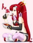  belt bikini_top bowl breasts cleavage curry eating egg fingerless_gloves food gloves hair_ornament indian_style long_hair nagian open_mouth pink_legwear ponytail red_hair redhead rice scarf short_shorts shorts sitting solo sweat tengen_toppa_gurren-lagann tengen_toppa_gurren_lagann thigh-highs thighhighs tongue yellow_eyes yoko_littner 