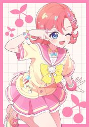  1girl :d ;d bear_hair_ornament blue_eyes bow bow_ring bracelet commentary_request dress_shirt flipped_hair frilled_sailor_collar frilled_skirt frills hair_ornament heart heart_bracelet heart_necklace highres himitsu_no_aipri jewelry looking_at_viewer medium_hair multiple_bracelets nanaura_otome necklace one_eye_closed open_mouth pink_hair pink_sailor_collar pink_skirt pleated_skirt pretty_series sailor_collar sailor_shirt shirt shoes skirt sleeve_cuffs smile socks solo suzuka_is v v_over_eye white_socks yellow_bow yellow_shirt yellow_shoes 