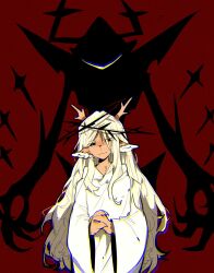  1girl 1other aislan animal_ears antlers black_eyes blonde_hair blue_pupils chinese_commentary commentary crown_of_thorns deer_antlers deer_ears deer_girl deltarune furry furry_female highres horns long_hair noelle_holiday noelle_holiday_(dark_world) own_hands_together roaring_knight robe stigmata utdr_(toby_fox) very_long_hair white_robe wide_sleeves 