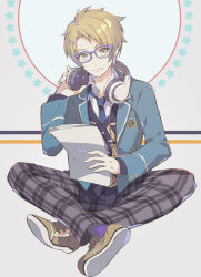  1boy blazer blonde_hair blue-framed_eyewear blue_jacket blue_necktie commentary_request ensemble_stars! full_body gin_(oyoyo) glasses green_eyes headphones headphones_around_neck highres holding holding_paper indian_style jacket light_smile long_sleeves looking_at_viewer male_focus necktie open_clothes open_jacket pants paper plaid_clothes plaid_pants school_uniform shoes short_hair sitting sneakers solo yumenosaki_school_uniform yuuki_makoto_(ensemble_stars!) 