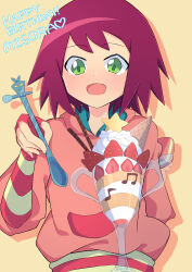  1girl :d absurdres birthday character_name commentary_request fingerless_gloves food gloves green_eyes happy_birthday heart highres hood hood_down hoodie looking_at_viewer lyra_(mega_man) makekondoruorz mega_man_(series) mega_man_star_force_(series) musical_note open_mouth parfait pink_gloves pink_hoodie red_hair short_hair smile solo sonia_strumm_(mega_man) strawberry_parfait 