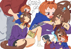  ! aged_down agnes_tachyon_(casual)_(umamusume) agnes_tachyon_(umamusume) ahoge animal_ears baby bandaged_foot bandages bow brown_hair carrying carrying_baby carrying_person casual chemical_structure commentary couple daiwa_scarlet_(umamusume) doting_parent earrings english_commentary hair_between_eyes hair_intakes hexagon_hair_ornament highres holding holding_test_tube horse_ears horse_girl horse_tail huge_ahoge jewelry kiora06 long_sleeves medium_hair mother_and_child mother_and_daughter multiple_girls off-shoulder_shirt off_shoulder original pacifier parent_and_child purple_shirt purple_sweater red_eyes science shirt single_earring smile spoken_exclamation_mark sprain sweater tail test_tube umamusume umamusume_horse_relations 