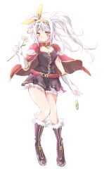  1girl absurdres black_dress blush boots brown_boots cape closed_mouth commentary_request creator_(ragnarok_online) dress expressionless flower full_body fur-trimmed_boots fur_trim gloves hairband highres holding holding_flower long_hair looking_at_viewer potion ragnarok_online red_cape short_dress simple_background solo twintails vial white_background white_flower white_gloves white_hair yellow_eyes yellow_hairband yuki_mi_daifuku 