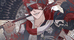  1boy abstract_background artist_name black_background black_headband black_jacket black_order_uniform carrying_over_shoulder collarbone collared_jacket cross d.gray-man earrings emblem eyepatch fingerless_gloves gloves green_eyes grey_gloves grey_headband grin hair_between_eyes hammer headband holding holding_hammer holding_weapon hoop_earrings huge_weapon jacket jewelry lavi long_sleeves looking_at_viewer male_focus miyukiko multiple_persona one_eye_covered red_background red_hair red_scarf scarf short_hair shoulder_pads sidelocks signature single_glove smile solo spiky_hair striped_background striped_clothes striped_headband striped_jacket twitter_username upper_body vertical-striped_clothes vertical-striped_headband vertical-striped_jacket weapon white_background white_scarf 