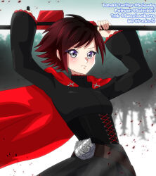  1girl arms_up belt black_dress blurry blurry_background blush brown_belt brown_hair cape closed_mouth commentary deviantart_username dress english_commentary eyelashes gradient_hair grey_eyes highres holding holding_above_head holding_weapon long_sleeves multicolored_hair patreon_username red_cape red_hair ruby_rose rwby schrwby short_hair solo split_mouth tumblr_username twitter_username two-tone_hair weapon 