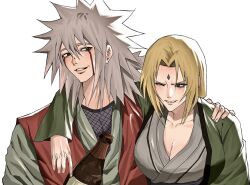  1boy 1girl alcohol babbanchan1005 blonde_hair blush commentary_request facial_mark green_haori grey_kimono haori highres japanese_clothes jiraiya_(naruto) kimono korean_commentary long_hair mature_female naruto_(series) smile spiky_hair tear_troughs tsunade_(naruto) white_hair 