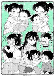  2boys 2girls :d :o aged_down baby baby_carrier bags_under_eyes black_border black_hair black_shorts blush border brother_and_sister carrying child closed_eyes commentary_request cuddling drawstring family_bonding father_and_child father_and_daughter floral_print green_background hair_between_eyes hair_bobbles hair_ornament half-closed_eyes happy headpat highres holding holding_paper hood hoodie kuroki_tomoki kuroki_tomoko kuroki_tomoko's_father kuroki_tomoko's_mother long_hair looking_at_another mother_and_child mother_and_daughter mother_and_son multiple_boys multiple_girls multiple_views no_pupils one_side_up onesie outline paper parent_and_child patterned_clothing pokuron polka_dot polka_dot_background seiza short_hair short_twintails shorts shoulder_carry siblings sitting smile sparkle sparkling_aura spot_color star_(symbol) sweater toddler twintails twitter_username watashi_ga_motenai_no_wa_dou_kangaetemo_omaera_ga_warui! white_border white_outline 