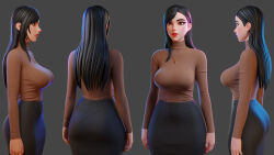  1girl absurdres arms_at_sides ass black_hair breasts brown_eyes brown_sweater collar from_behind from_side grey_background hair_behind_ear happy_otter highres large_breasts lips long_hair multiple_persona multiple_views original parted_lips pencil_skirt red_lips ribbed_sweater sideboob simple_background skirt solo sweater teeth wide_hips 