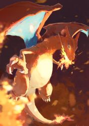  arms_up blue_eyes breath_weapon breathing_fire charizard claws colored_skin fire flame-tipped_tail full_body highres horns n29w97zptb67768 no_humans orange_background orange_skin pokemon pokemon_(creature) pokemon_focus tail wings 