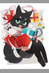  1girl :d ahoge animal_ears black_fur black_hair box chain christmas christmas_ornaments commentary_request full_body fur-trimmed_sleeves fur_trim furry furry_female gift gift_box green_eyes grey_shorts highres holding holding_gift jacket long_sleeves looking_at_viewer open_mouth original po!_(popoemo) red_jacket santa_costume sharp_teeth short_hair shorts sleeves_past_fingers sleeves_past_wrists smile solo striped_background tail teeth thick_eyebrows twitter_username upper_teeth_only v-shaped_eyebrows vertical-striped_background wolf_ears wolf_girl wolf_tail 
