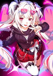  1girl bare_shoulders belt black_belt black_bow black_choker black_sweater bow butterfly-shaped_pupils choker commentary eyewear_on_head facial_mark hair_bow heart heart_facial_mark highres honkai:_star_rail honkai_(series) kasutado_xk98bb long_hair long_sleeves looking_at_viewer multicolored_hair off-shoulder_sweater off_shoulder official_alternate_costume official_alternate_hairstyle open_mouth pink_eyes pleated_skirt red_skirt red_streaks skirt smile solo sparkle_(honkai:_star_rail) sparxie_(candy-coated_waves)_(honkai:_star_rail) sparxie_(honkai:_star_rail) streaked_hair stuffed_animal stuffed_toy sweater symbol-shaped_pupils teddy_bear thigh_strap twintails twitter_username untranslatable_commentary white_bow white_hair 