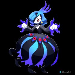  1girl absurdres artist_name bellanoir black_background black_dress blue_hair colored_skin dress earrings glowing_shark hair_over_one_eye highres jewelry palworld potara_earrings simple_background single_earring two-tone_dress white_skin 