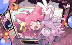  1boy 1other 3girls animal_ear_fluff animal_ears bell black_eyes black_hair bomb cat_ears cat_girl cat_tail commentary deltarune explosive fang fangs ghost_pink_(deltarune) gloves green_eyes hair_bell hair_ornament heart heart_necklace highres jewelry kris_(dark_world)_(deltarune) kris_(deltarune) kris_(school_uniform)_(deltarune) mad_mew_mew multiple_girls necklace nomu_poncha one_eye_closed pink_hair purple_gloves purple_hair ralsei susie_(dark_world)_(deltarune) susie_(deltarune) tail utdr_(toby_fox) v white_gloves 