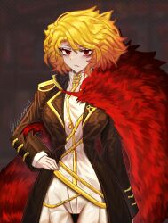  1girl absurdres aiguillette aristocratic_clothes bags_under_eyes black_jacket blonde_hair caseyrl1 closed_mouth commentary cowboy_shot curtained_hair don_quixote_(project_moon) feather_boa gold_trim hand_on_own_hip high_collar highres jacket lapels limbus_company open_clothes open_jacket pants project_moon red_eyes sancho_(project_moon) shirt short_hair shoulder_boards sidelocks signature simple_background slit_pupils solo white_pants white_shirt 