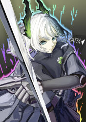  1girl absurdres arknights asymmetrical_dual_wielding black_dress blue_eyes bodystocking commentary_request cowboy_shot cross cross_earrings dress dual_wielding earrings gloves grey_background grey_gloves gun handgun head_wings highres holding holding_gun holding_sword holding_weapon irene_(arknights) irene_(the_adjudicatrix_and_her_resolve)_(arknights) jewelry long_sleeves looking_at_viewer maf_clothes official_alternate_costume rainbow_outline short_hair simple_background solo sword weapon white_hair wings 