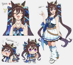  1girl :3 :d ^_^ absurdres all_fours anger_vein animal_ears aqua_eyes aqua_nails asymmetrical_sleeves belt blue_bow blue_ribbon border bow brown_belt brown_hair chain chibi clenched_hand closed_eyes commentary covered_navel cropped_shirt double-parted_bangs ear_covers facing_viewer flowerpigeon four-finger_heart_hands fox_shadow_puppet hair_between_eyes hair_ribbon heart heart_hands highres horse_ears horse_girl horse_tail korean_text long_hair loose_socks meme multicolored_hair multiple_views open_mouth pleated_skirt ribbon romaji_text sailor_collar sailor_shirt shirt simple_background single_ear_cover skirt smile socks speakiposting_(meme) streaked_hair tail tearing_up translation_request twintails umamusume uneven_sleeves untranslatable_commentary very_long_hair violet_eyes vivlos_(umamusume) vivlos_(voyage_etincelant)_(umamusume) white_background white_border white_hair white_sailor_collar white_shirt white_skirt white_socks white_streaks 
