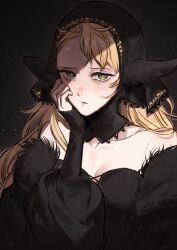  1girl black_background black_dress blonde_hair commentary dodo_(dodobo) dress dungeon_meshi elf fur_trim hand_on_own_face highres lace-trimmed_hood long_hair long_sleeves looking_at_viewer marcille_donato marcille_donato_(lord) official_alternate_costume pointy_ears simple_background solo tears 