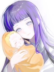  1boy 1girl baby blonde_hair blunt_bangs boruto_(series) carrying carrying_baby carrying_person chinese_commentary closed_mouth commentary_request facial_mark highres hyuuga_hinata long_hair moqing785 mother_and_child mother_and_son naruto_(series) no_pupils parent_and_child purple_hair simple_background sleeping smile upper_body uzumaki_boruto whisker_markings white_background white_eyes 