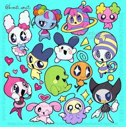  3boys 6+girls animal_ears blue_background blue_bow blue_bowtie blue_skin blush_stickers bow bowtie braid braided_bun bubbletchi chibi chibi_only chibikemo colored_skin commentary double_bun dress flower flowertchi furry furry_female furry_male gloves green_skin hair_bun hair_flower hair_ornament hands_on_own_face hapihapitchi heart heart_hair_ornament himespetchi horns hula_hoop kimoti_omoti kuchipatchi lovelitchi mametchi memetchi mimitchi multicolored_hair multiple_boys multiple_girls open_mouth orange_skin pink_dress pink_skin pyueltchi rabbit rabbit_ears rainbow_hair sheep_horns shimagurutchi simple_background spacytchi sparkle tamagotchi tamagotchi!_(anime) tamagotchi:_the_movie tamagotchi_(creature) tamagotchi_m!x tamagotchi_uchuu_ichi_happy_na_monogatari!? tamagotchi_uni thick_lineart unimarutchi watermark white_gloves 