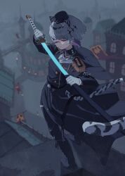  1girl absurdres animal_ears ascot belt belt_buckle black_belt black_jacket buckle building closed_eyes earrings epaulettes flag from_above full_body gildaria_(shadowverse) gloves glowing glowing_weapon hair_ornament hat highres holding holding_sword holding_weapon jacket jewelry katana military_uniform multicolored_hair pillbox_hat purple_hair rain shadowverse shadowverse:_worlds_beyond sheath shokubutsu0625 short_hair solo standing striped_tail sword tail tiger_ears tiger_girl tiger_tail tsuba_(guard) twisted_torso unsheathing weapon white_gloves white_hair 