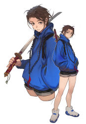  1girl black_shorts blue_hoodie brown_eyes brown_hair commentary_request curtained_hair highres holding holding_sword holding_weapon hood hoodie katana korean_commentary light_blush morry multiple_views original shin_somi_(morry) shoes shorts simple_background sword tomboy weapon white_shoes 