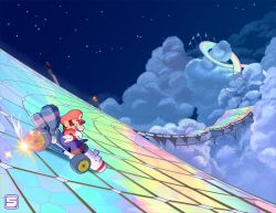  1boy absurdres arms_up b-dasher blue_eyes blue_overalls brown_hair brown_shoes clouds commentary drifting english_commentary eversmithi facial_hair flag gloves go-kart hat highres long_sleeves looking_to_the_side male_focus mario mario_kart mario_kart_tour mustache outdoors overalls racetrack rainbow_gradient rainbow_road red_hat red_shirt shirt shoes short_hair sideburns sideways_glance sky solo sparks star_(sky) starry_sky steering_wheel super_mario_bros. very_short_hair white_gloves 