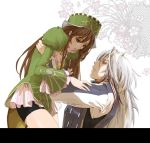  1girl briefs brown_eyes brown_hair carrying claudia_(romancing_saga) floral_background flower gray_(romancing_saga) grey_hair hat lifting long_hair puffy_sleeves romancing_saga saga seqet-aru simple_background underwear 