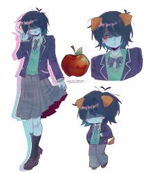  1other absurdres animal_ears apple black_socks blazer blue_hair blue_jacket blue_skin blush_stickers bow bowtie collared_shirt colored_skin commentary deltarune diagonal-striped_bow diagonal-striped_bowtie diagonal-striped_clothes diagonal-striped_necktie dog_ears dog_tail english_commentary food fruit grey_pants grey_skirt hair_over_one_eye highres holding_own_skirt jacket kris_(dark_world)_(deltarune) kris_(deltarune) kris_(school_uniform)_(deltarune) michi_mimi multiple_views necktie pants plaid_clothes plaid_pants plaid_skirt red_eyes shirt short_hair signature single_blush_sticker skirt socks striped_bow striped_bowtie striped_clothes striped_necktie sweater_vest tail tongue tongue_out utdr_(toby_fox) w white_shirt 