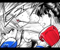  2girls boxing boxing_gloves commentary crosscounter dodging flying_sweatdrops gloves high_ponytail highres lee_(dragon_garou) letterboxed monochrome motion_lines mouth_hold multiple_girls original ponytail punching red_gloves serious short_hair speed_lines sports_bra spot_color sweat v-shaped_eyebrows very_sweaty 