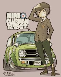  1girl black_eyes black_necktie boots brown_boots brown_hair brown_hat brown_jacket car closed_mouth collared_shirt commentary_request crossdressing crossdressing_(ftm) dated full_body green_car green_pants grey_background hand_in_pocket hand_on_headwear hat jacket mini_1275_gt mini_cooper momose_riko motor_vehicle necktie newsboy_cap pants race_vehicle racecar radio_antenna reverse_trap roundel sekihan shirt short_hair signature simple_background smile solo standing vehicle_name white_shirt zesshaka!_shiritsu_yotsuwa_joshi_gakuin_zetsumetsu_kigu-sha_gakka 