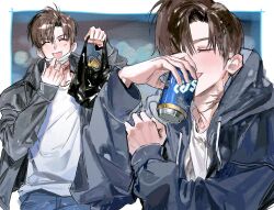  1boy :d agent_choi bag beer_can blue_hoodie blurry blurry_background blush border brown_hair can closed_eyes commentary_request cowboy_shot drink drink_can drinking drunk grey_jacket gwechul hand_on_own_arm hand_up hands_up highres holding holding_bag holding_can holding_drink hood hoodie inset_border jacket ji_ji_q korean_commentary layered_clothes long_sleeves mask mask_pull mouth_mask open_clothes open_jacket outside_border pants scar scar_on_neck sequential shirt short_hair side_part sleeve_cuffs smile upper_body white_border white_shirt 