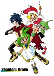  1boy 2girls :d ash_(phantom_brave) bad_id black_pants blonde_hair blue_hair boots brown_boots creature dress full_body fur-trimmed_headwear fur-trimmed_sleeves fur_trim green_eyes green_hair hat index_finger_raised kawamoto_yuutarou kururu_(little_princess) leaf_hat looking_at_viewer marona_(phantom_brave) multiple_girls open_mouth pants phantom_brave putty_(phantom_brave) red_hat red_scarf red_shoes red_sleeves scarf shirt shoes short_hair simple_background sleeveless sleeveless_dress smile white_background white_dress yellow_boots yellow_shirt 