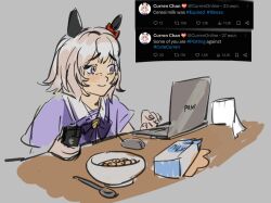  absurdres animal_ears apple_inc. bow cereal clocklfishmaste computer computer_mouse curren_chan_(umamusume) drink_carton highres holding holding_phone horse_ears horse_girl laptop milk milk_carton phone school_uniform screenshot_inset short_sleeves spilled_milk spoon tissue tracen_school_uniform twitter_username umamusume 